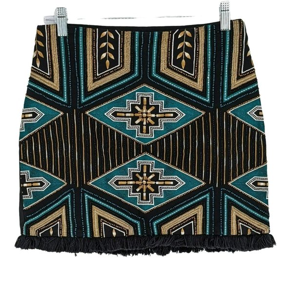 H&M Skirt Southwestern Cotton Twill 6 Fun Colorful Beaded Fringe Hem Aztec Boho - Picture 12 of 13